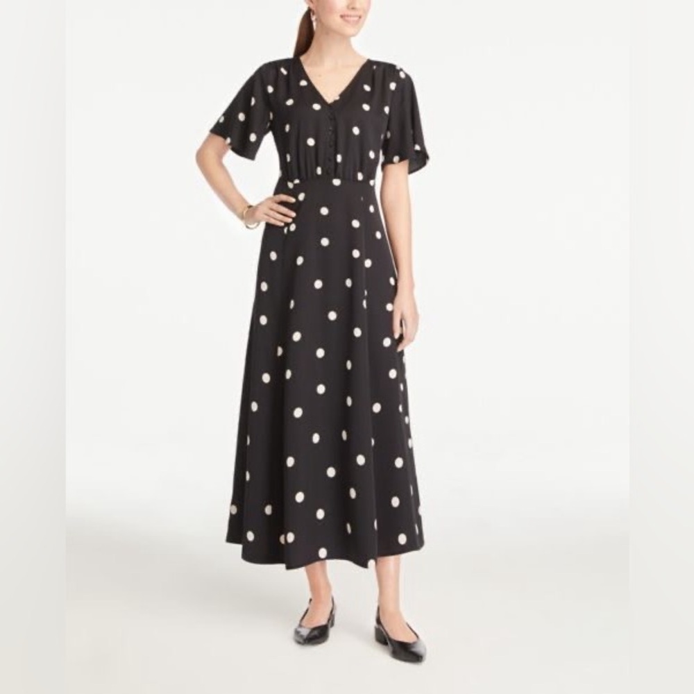 Ann Taylor Black Polka Dot Midi Dress Modest Church Silky Tradwife Traditional 6 - Picture 2 of 7